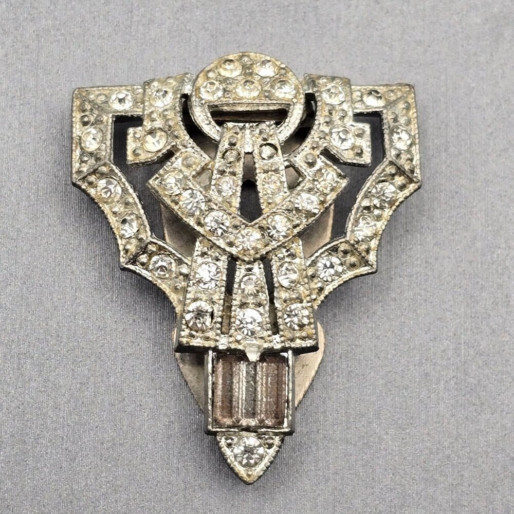 Vintage Art Deco Rhinestone Dress Clip 1.5" Silver Tone Estate Jewelry Cutouts